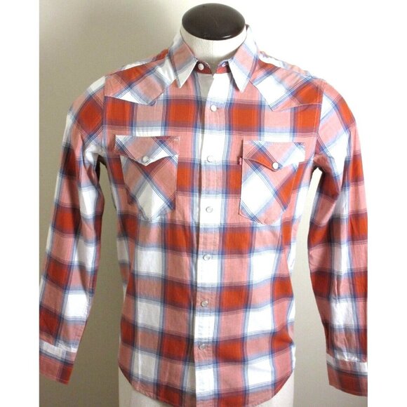 Levi's Men's Western Snap Front Plaid Red White Blue Cotton Shirt Classic NWT - Picture 1 of 6
